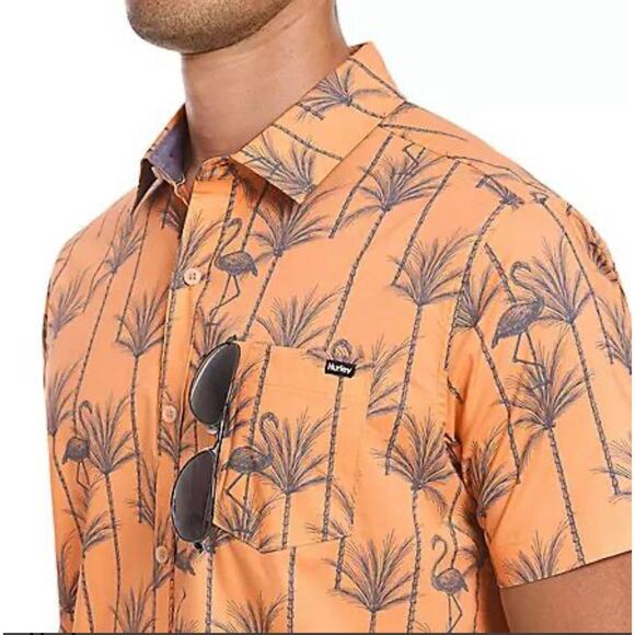 Hurley Mens Palms Flamingos Button Front Shirt - Orange Blue, Size XXL - Picture 6 of 9